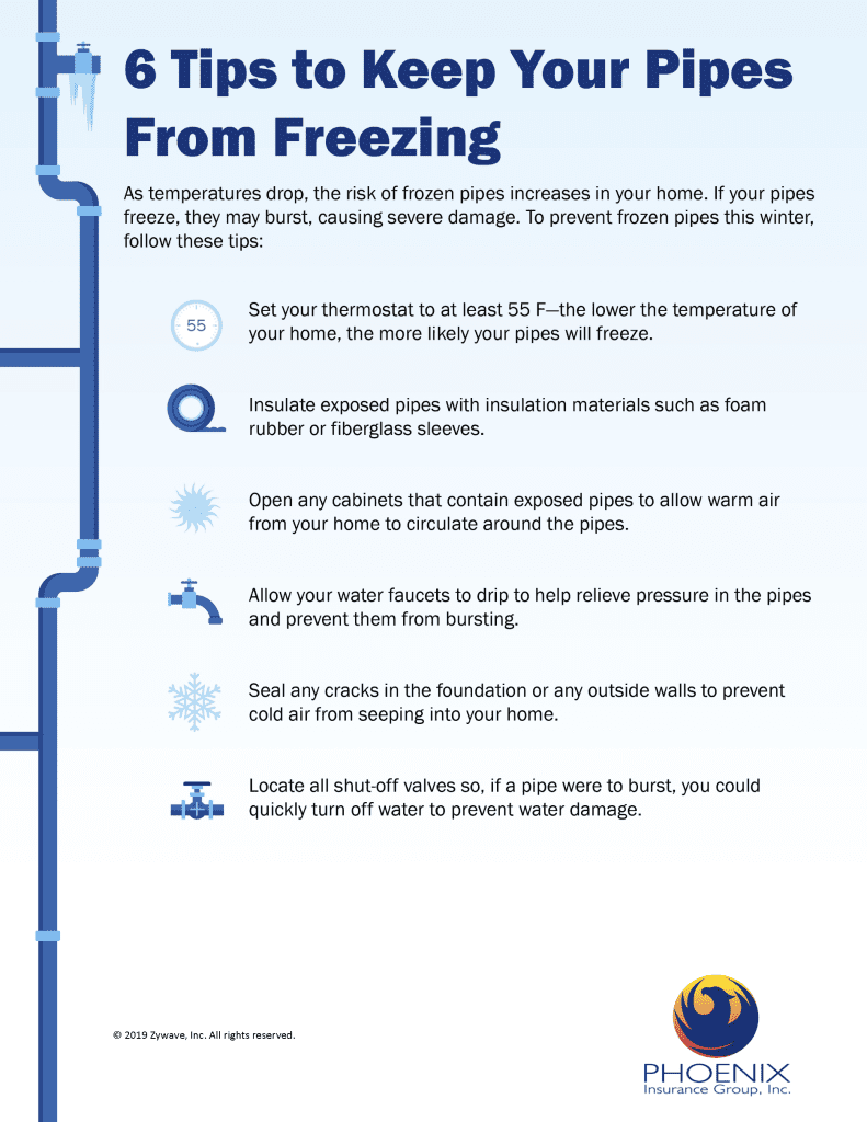 Tips to keep pipes from freezing. set thermostat to 55 or above. insulate pipes. open cabinets that would allow warm air from home to reach pipes. drip a faucet . seal foundation cracks. know where your shutoff valves are in the event of a burst.